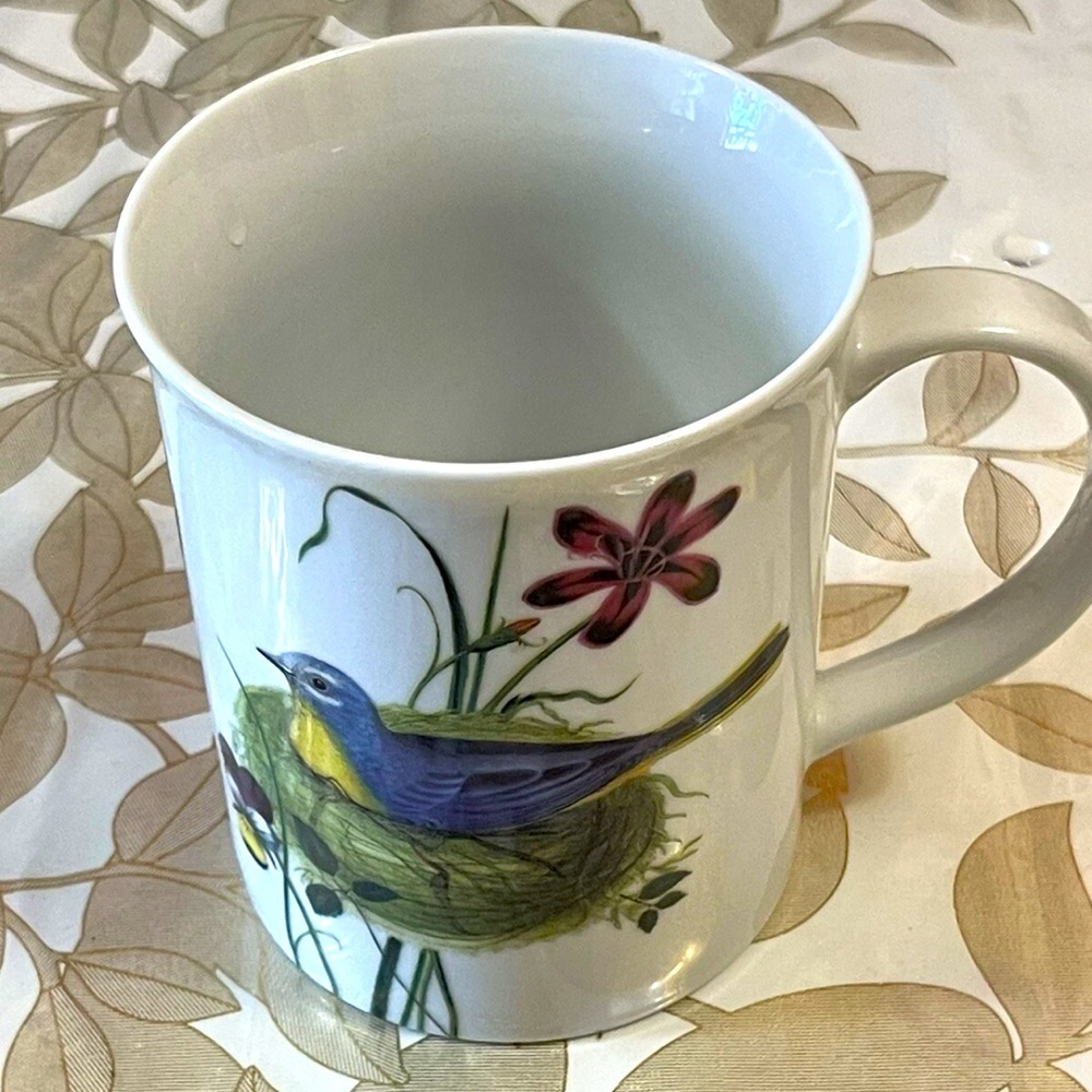 FRINGE Coffee MUG Bird Northern  Parula Warbler Violets & Wildflowers Porcelain